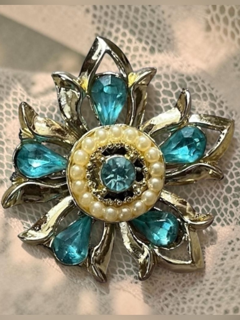 Vintage Gold Starburst Brooch Seed Pearls Topaz Teardrop Rhinestones